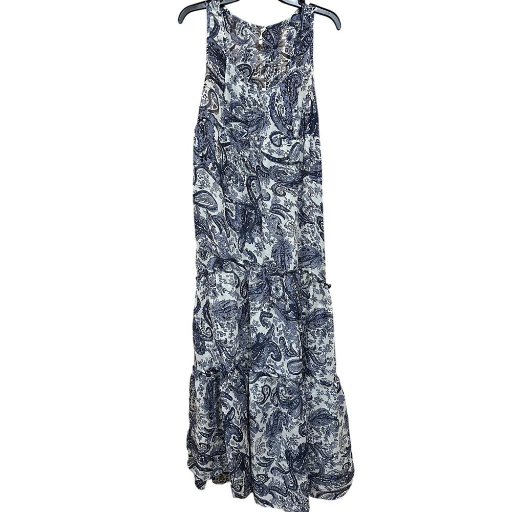Willow Clay Dress Women Size L Blue White Paisley Sheer Flowy Boho Tiered FLAW